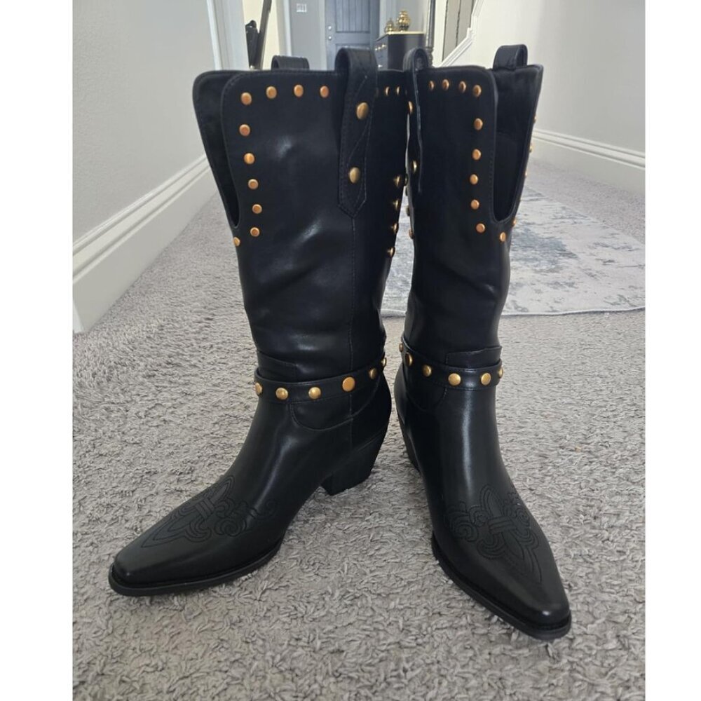 🆕Womens Black Faux Leather Mid Calf Square Toe Block Chunky Heel Studded Boots